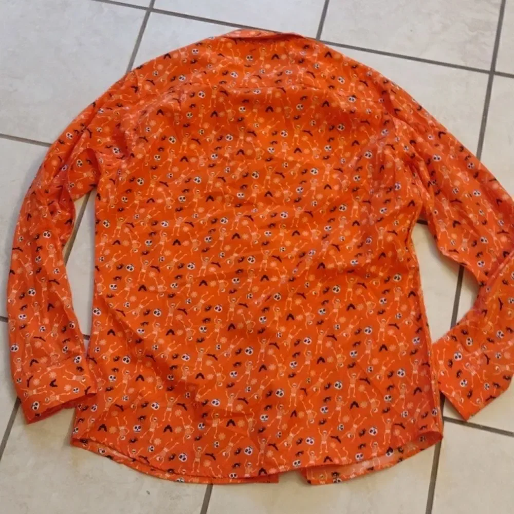 NWOT Simon Banks Halloween buttondown longsleeve shirt orange skeleton M